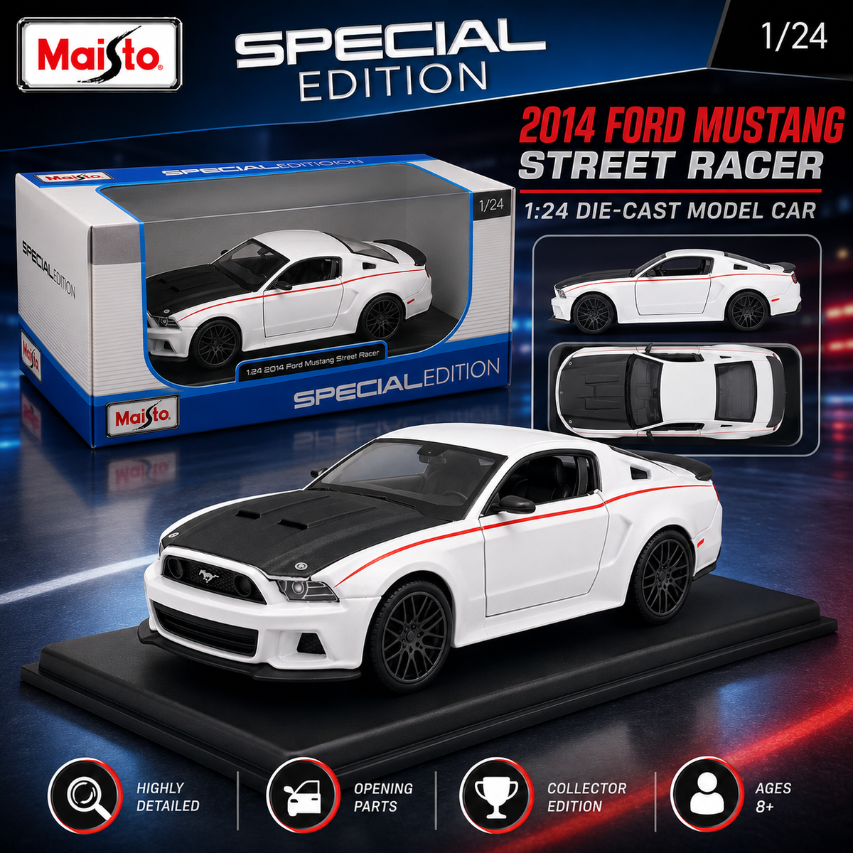 Maisto 1:24 Ford Mustang Street Racer Die-Cast Model White