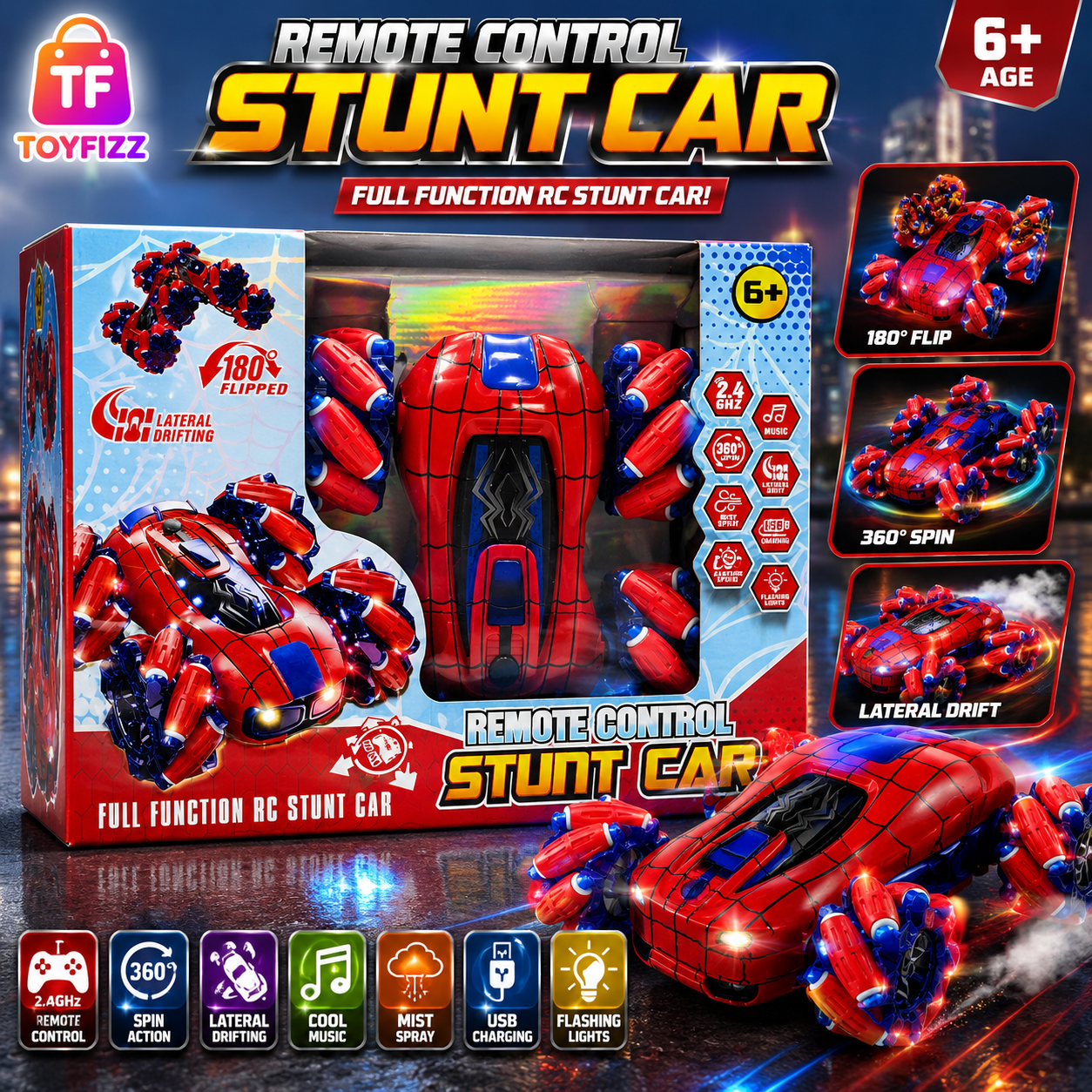 Marvel Spider-Man Remote Control Stunt Car with USB - Age 6+