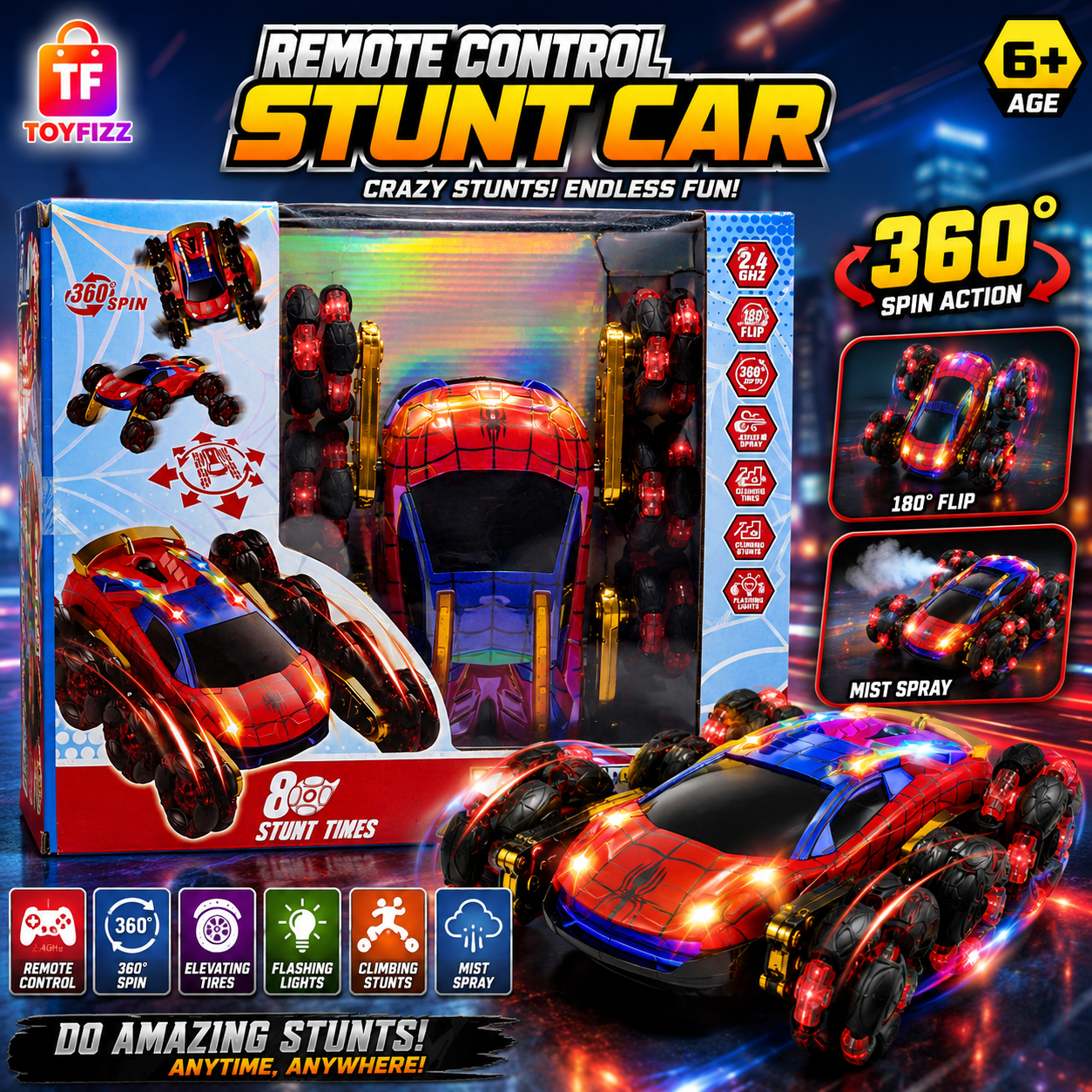 Marvel Spider-Man Remote Control Stunt Car with USB - Age 6+
