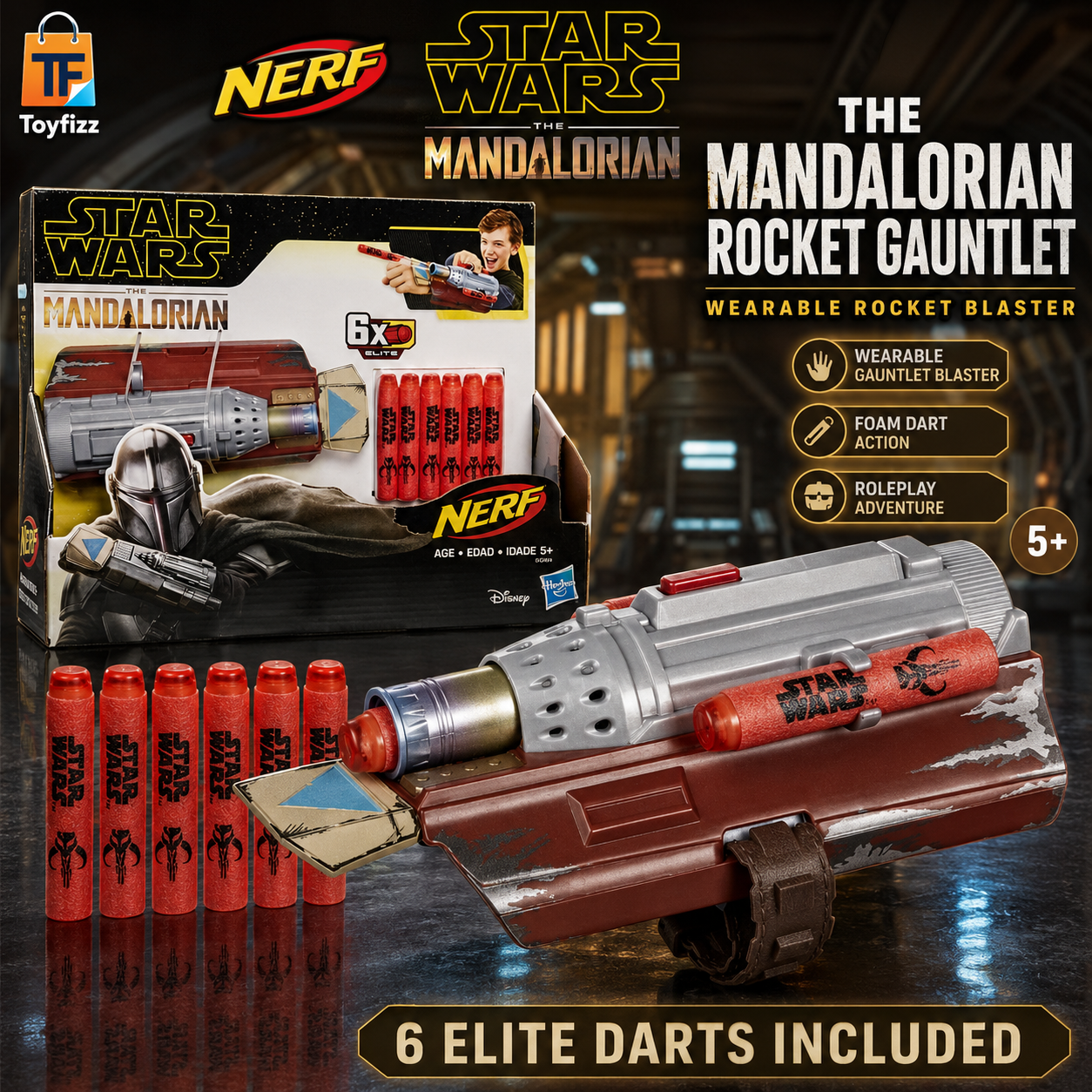 Nerf Star Wars The Mandalorian Rocket Gauntlet with 6 Darts